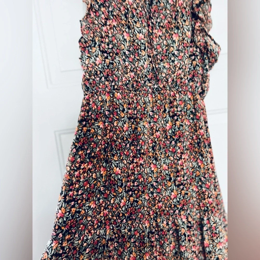 BB Dakota Steve Madden Midi Dress M Black Ditsy Floral Ruffle Tiered Sleeveless